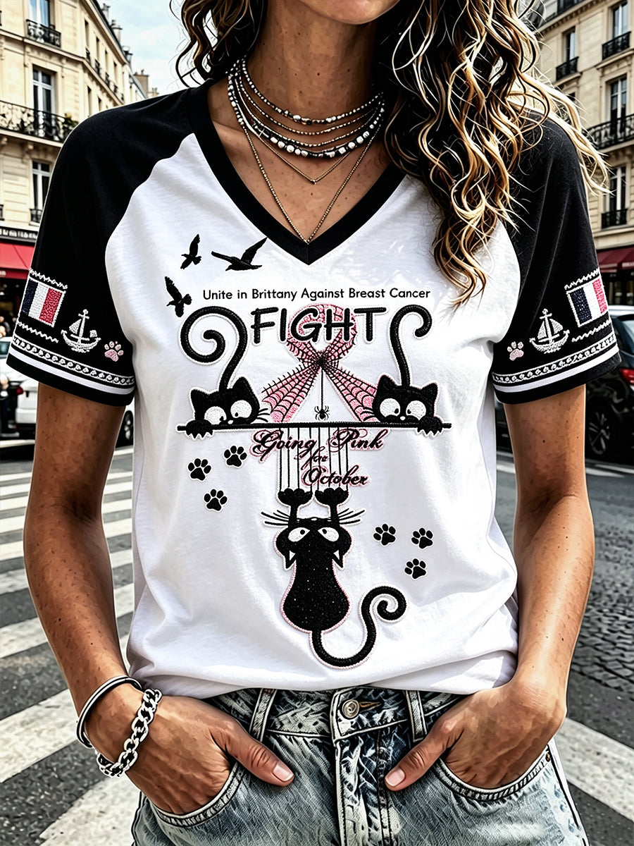 T-shirt décontracté à col en V pour femmes, imprimé mignon avec chat, sensibilisation au cancer du sein Bretagne, France