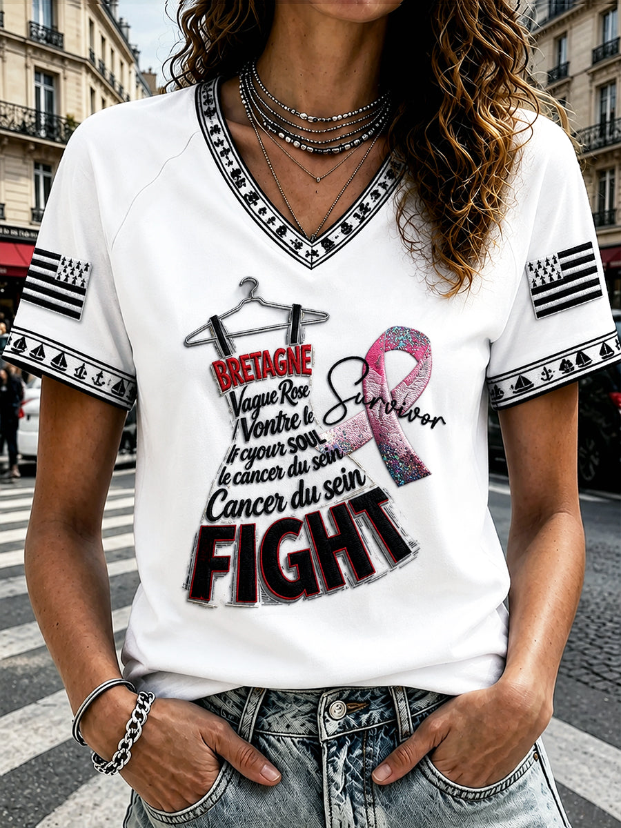 T-shirt blanc décontracté à col en V pour femmes, imprimé Cancer du sein de Bretagne, France