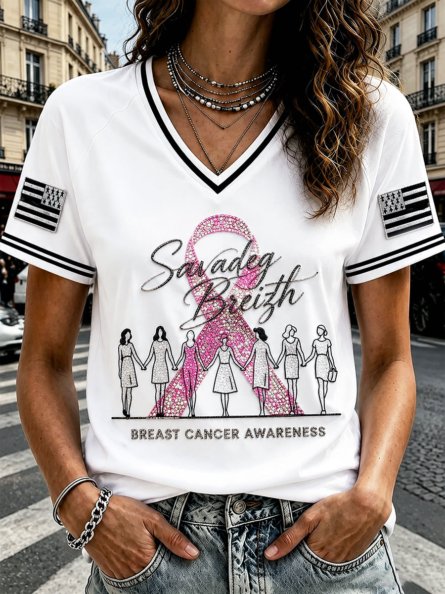 T-shirt décontracté à col en V pour femmes, imprimé breton sur le thème du cancer du sein