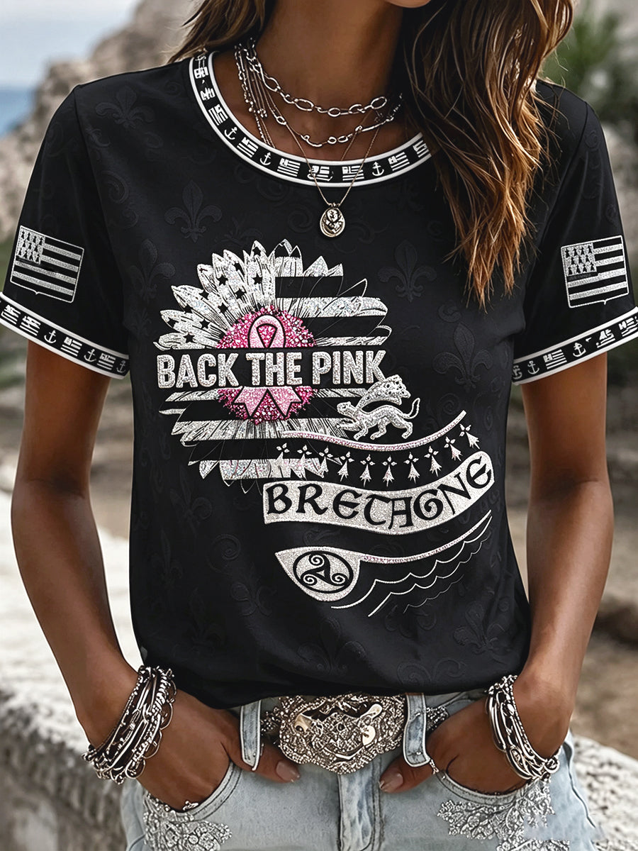 T-shirt décontracté noir pour femmes, imprimé sur le thème du cancer du sein, style breton