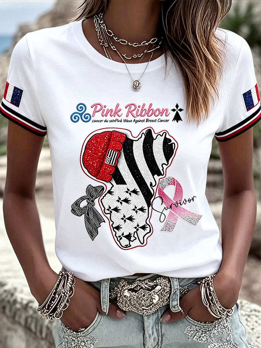 T-shirt décontracté blanc pour femmes, imprimé en style breton, motif cancer du sein