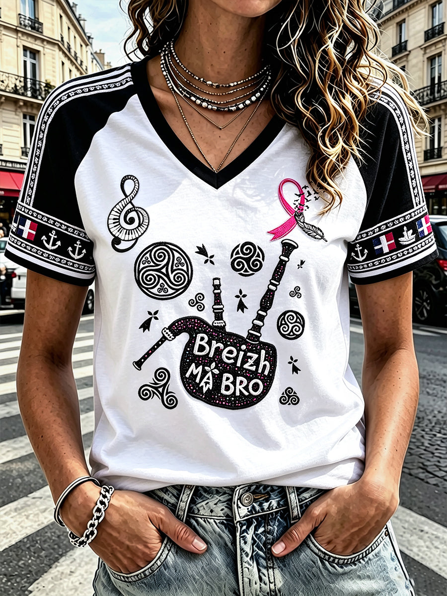 T-shirt décontracté à col en V pour femmes, blanc, imprimé patchwork breton, motif cancer du sein