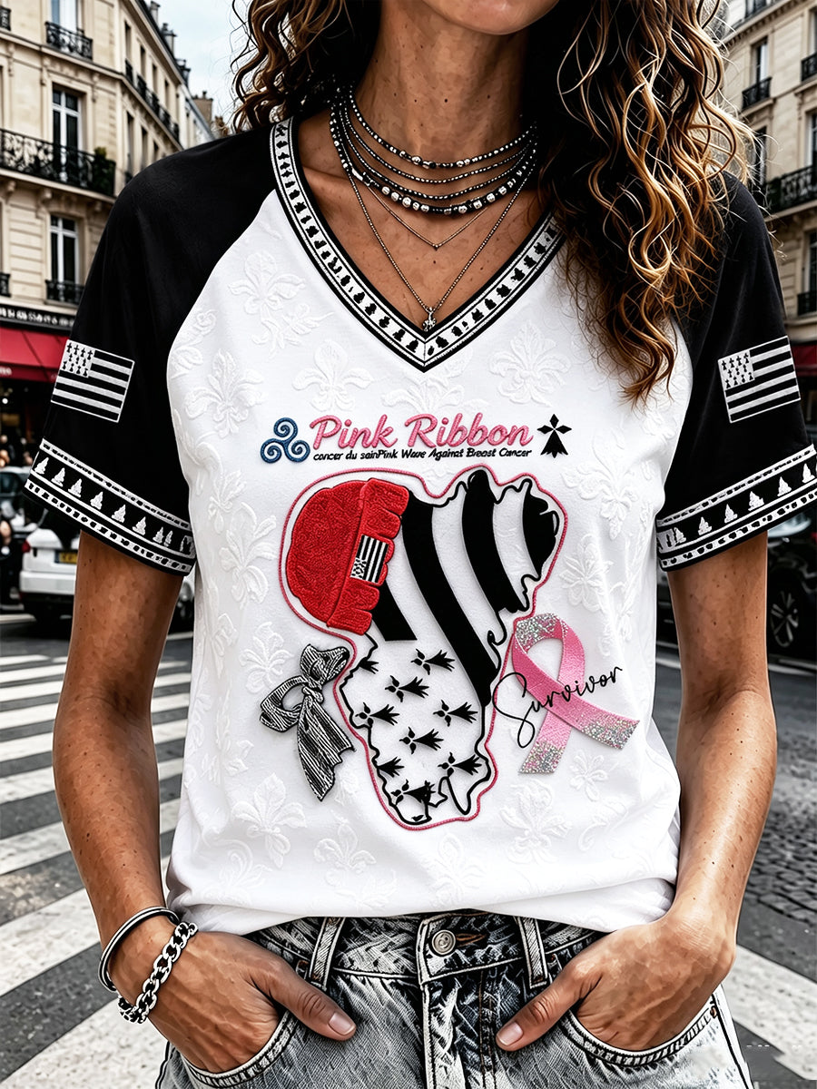 T-shirt décontracté à col en V pour femmes, imprimé rouge sur le thème du cancer du sein, Bretagne, France