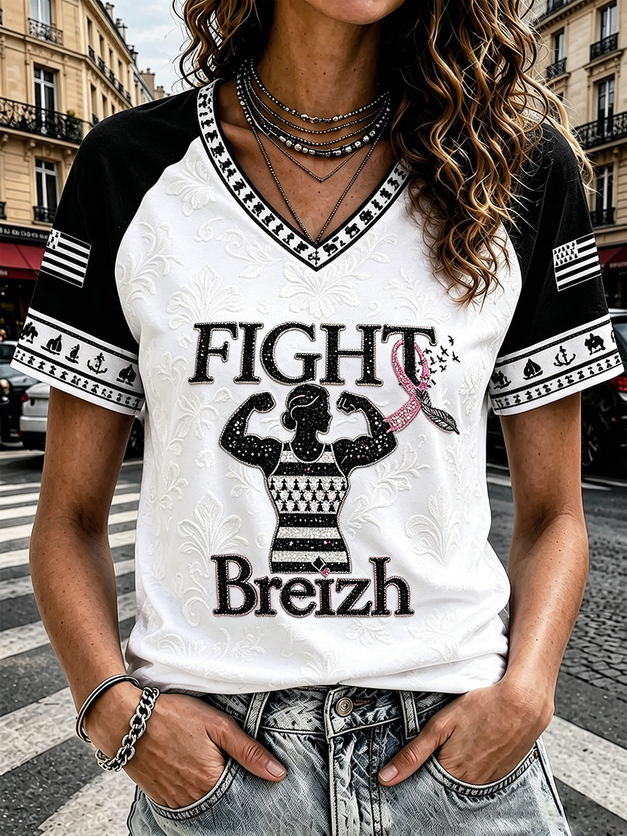 T-shirt décontracté à col en V pour femme, imprimé patchwork inspiré de la Bretagne, France, contre le cancer du sein