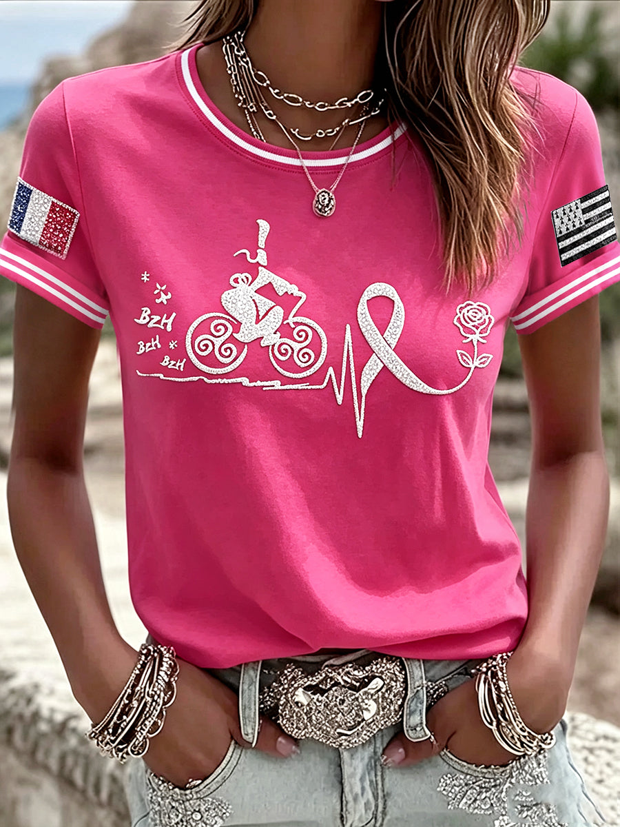 T-shirt décontracté pour femme, rose, imprimé français Bretagne, sensibilisation au cancer du sein