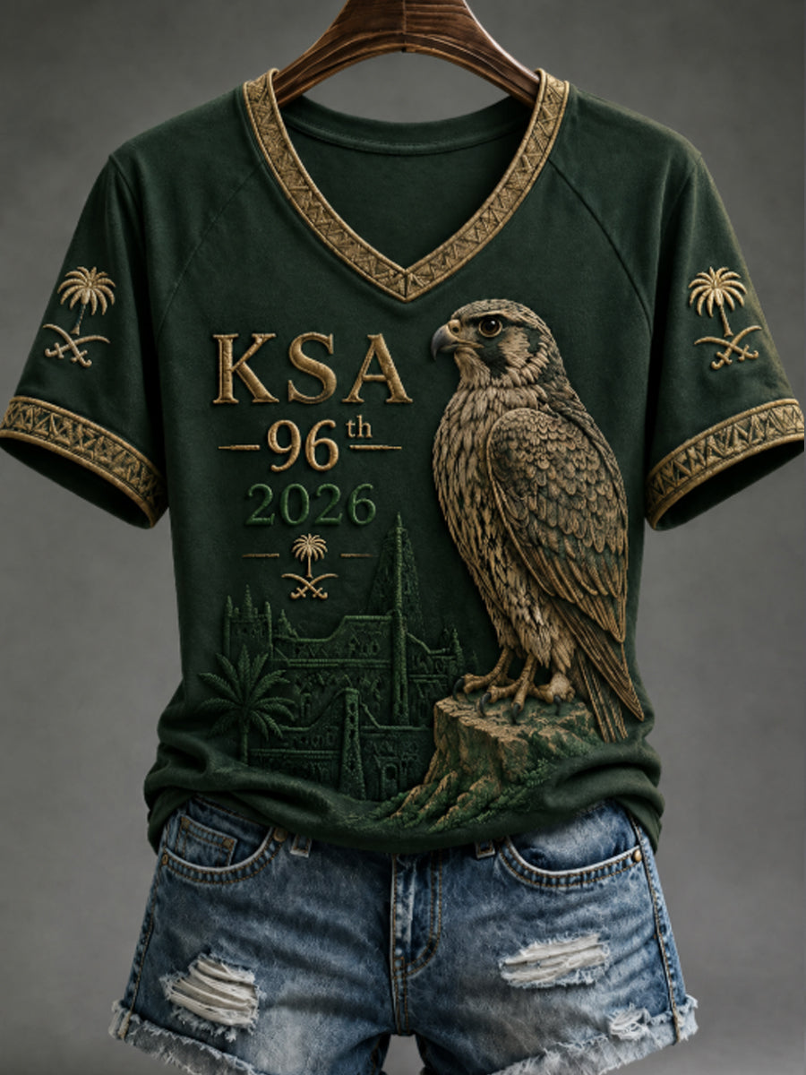Women's Saudi National Day V-neck off-shoulder short-sleeved T-shirt