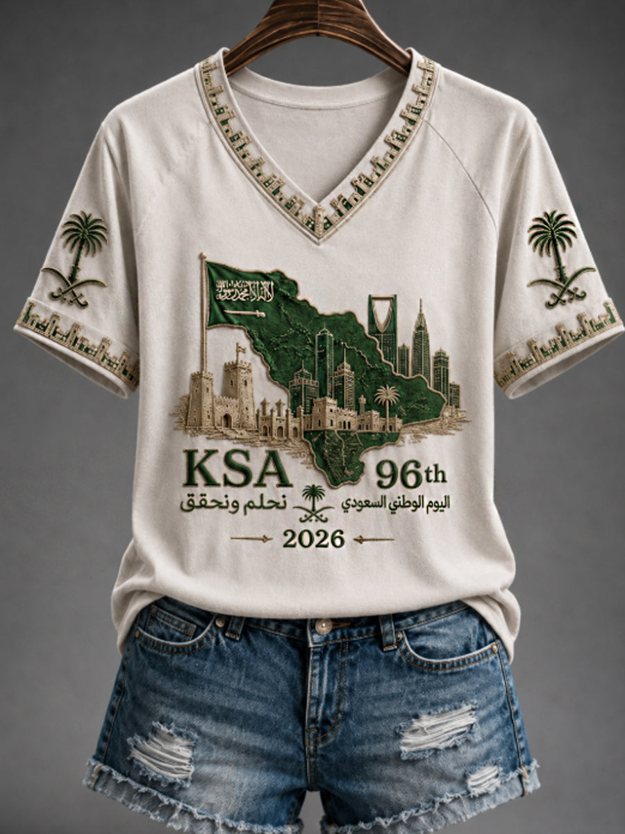 Women's Saudi National Day V-neck off-shoulder short-sleeved T-shirt