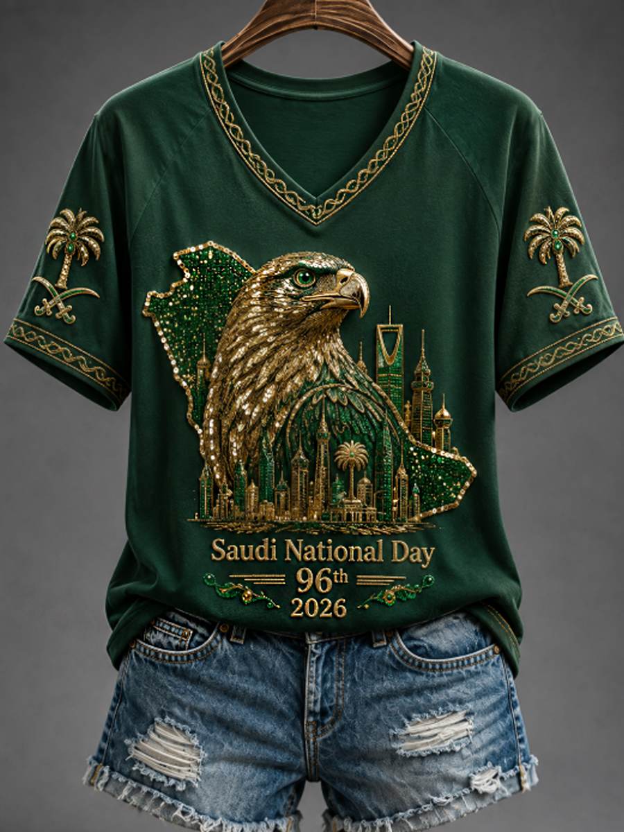 Women's Saudi National Day V-neck off-shoulder short-sleeved T-shirt