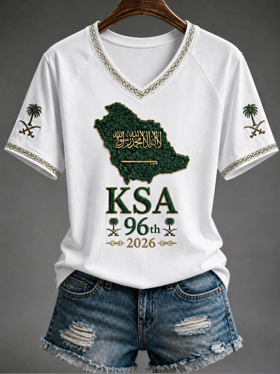 Women's Saudi National Day V-neck off-shoulder short-sleeved T-shirt