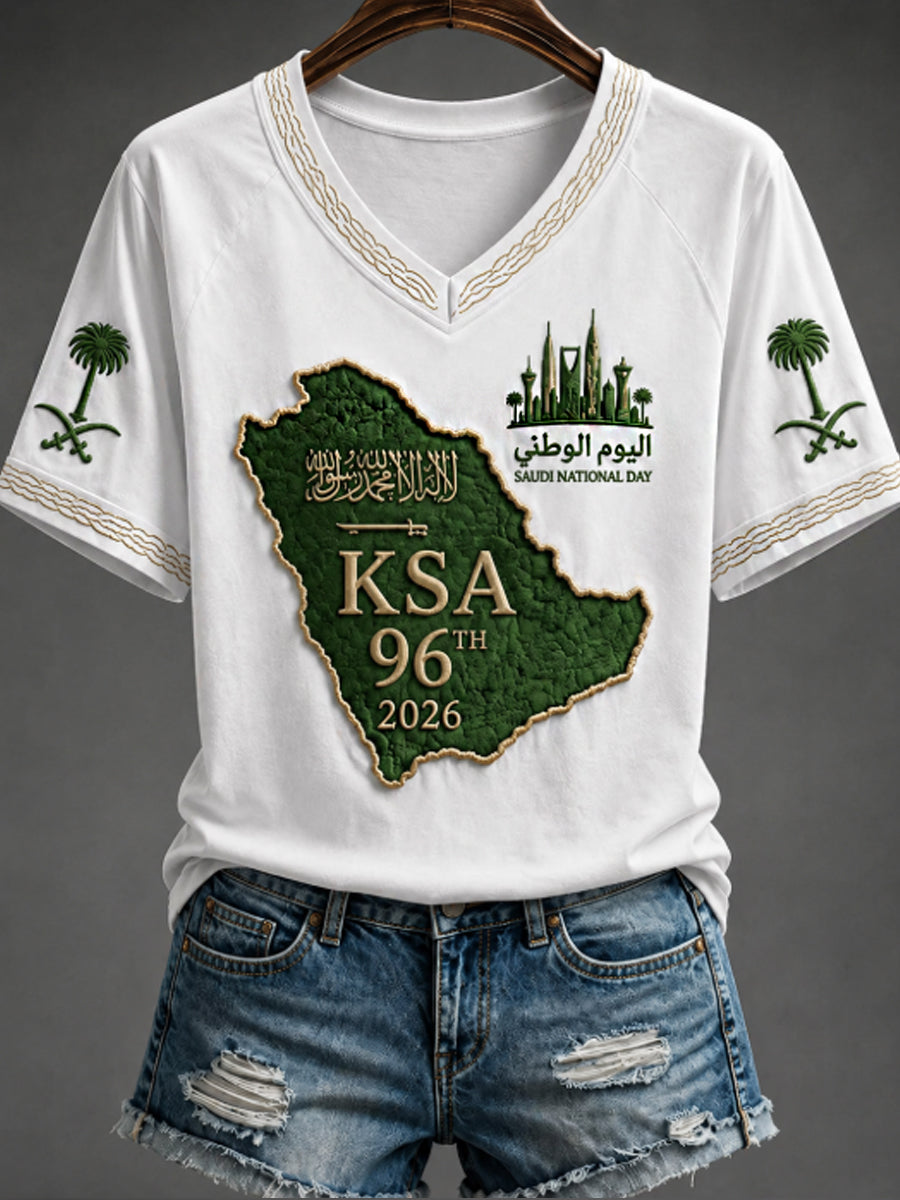 Women's Saudi National Day V-neck off-shoulder short-sleeved T-shirt
