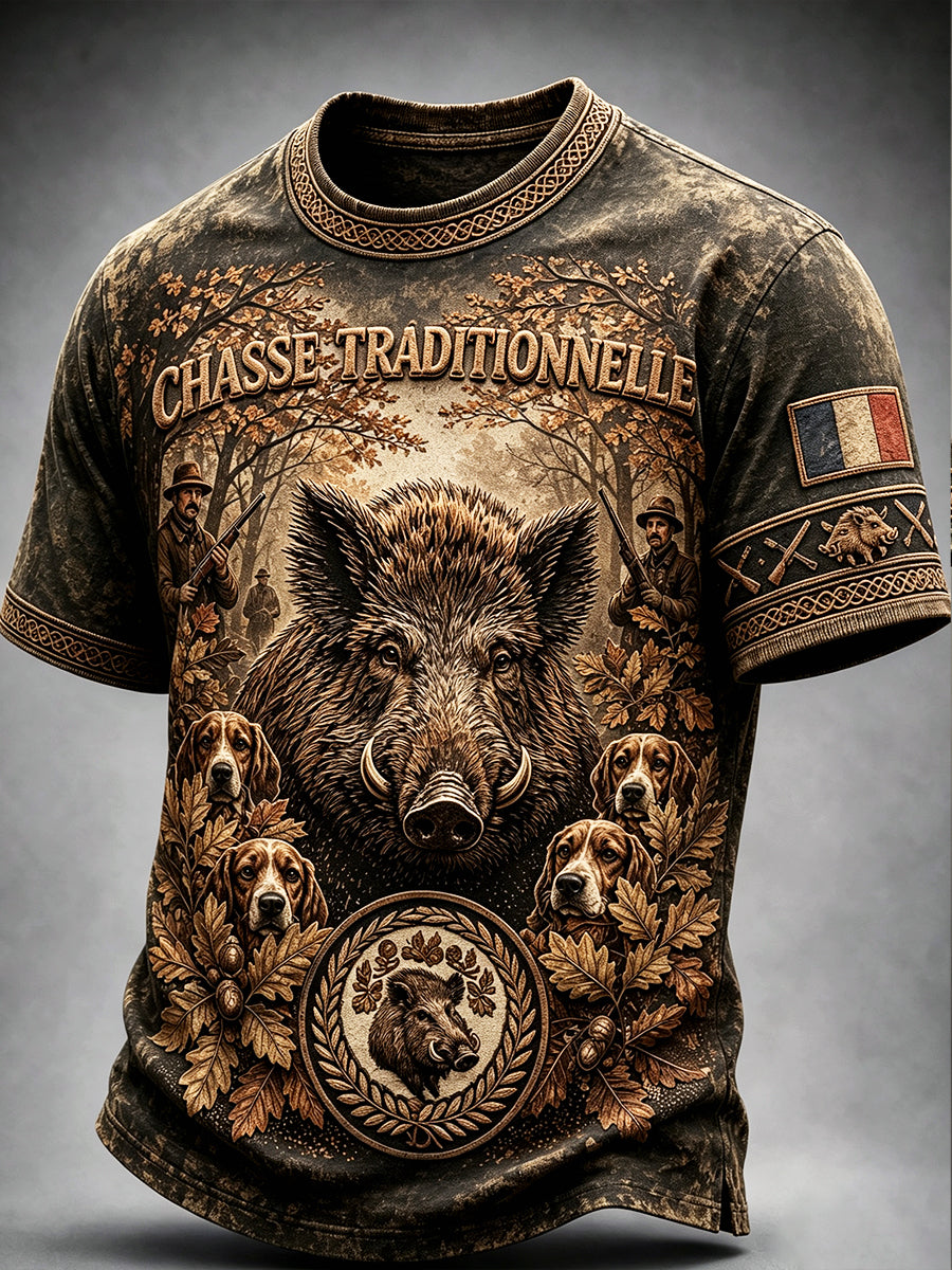 T-shirt décontracté vintage pour homme, motif de chasse au sanglier en France