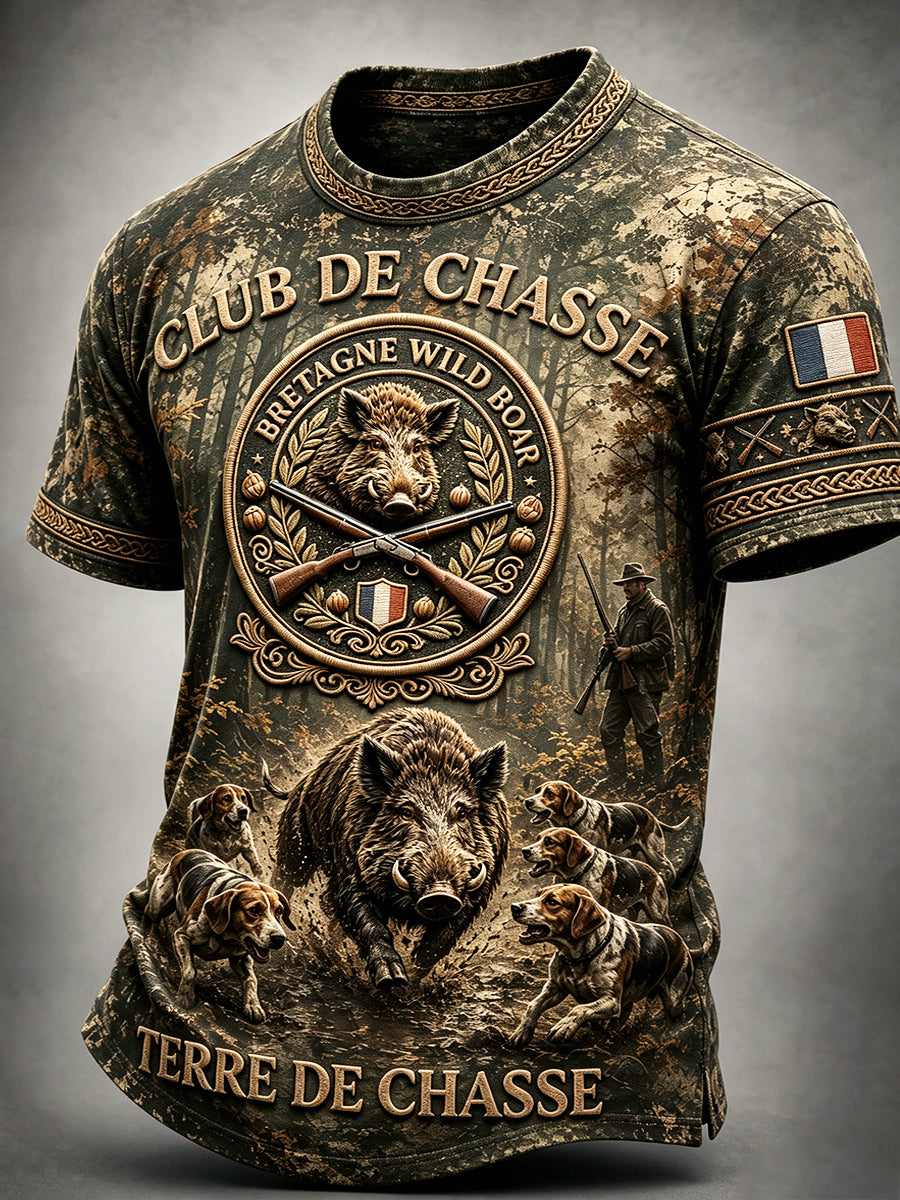 T-shirt décontracté pour homme à imprimé chasse au sanglier en France