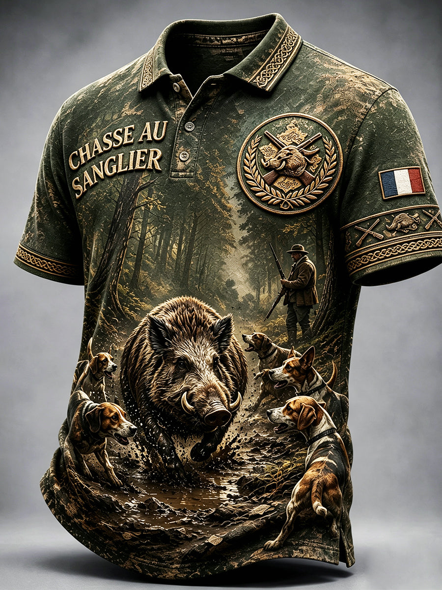 Polo décontracté pour homme, style vintage, imprimé chasse au sanglier en France, couleur vert