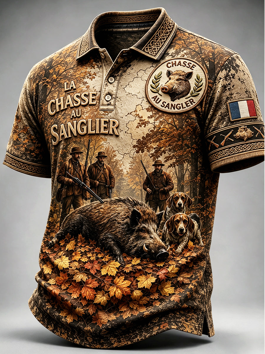 Polo décontracté pour homme, style vintage, motif de chasse au sanglier en France