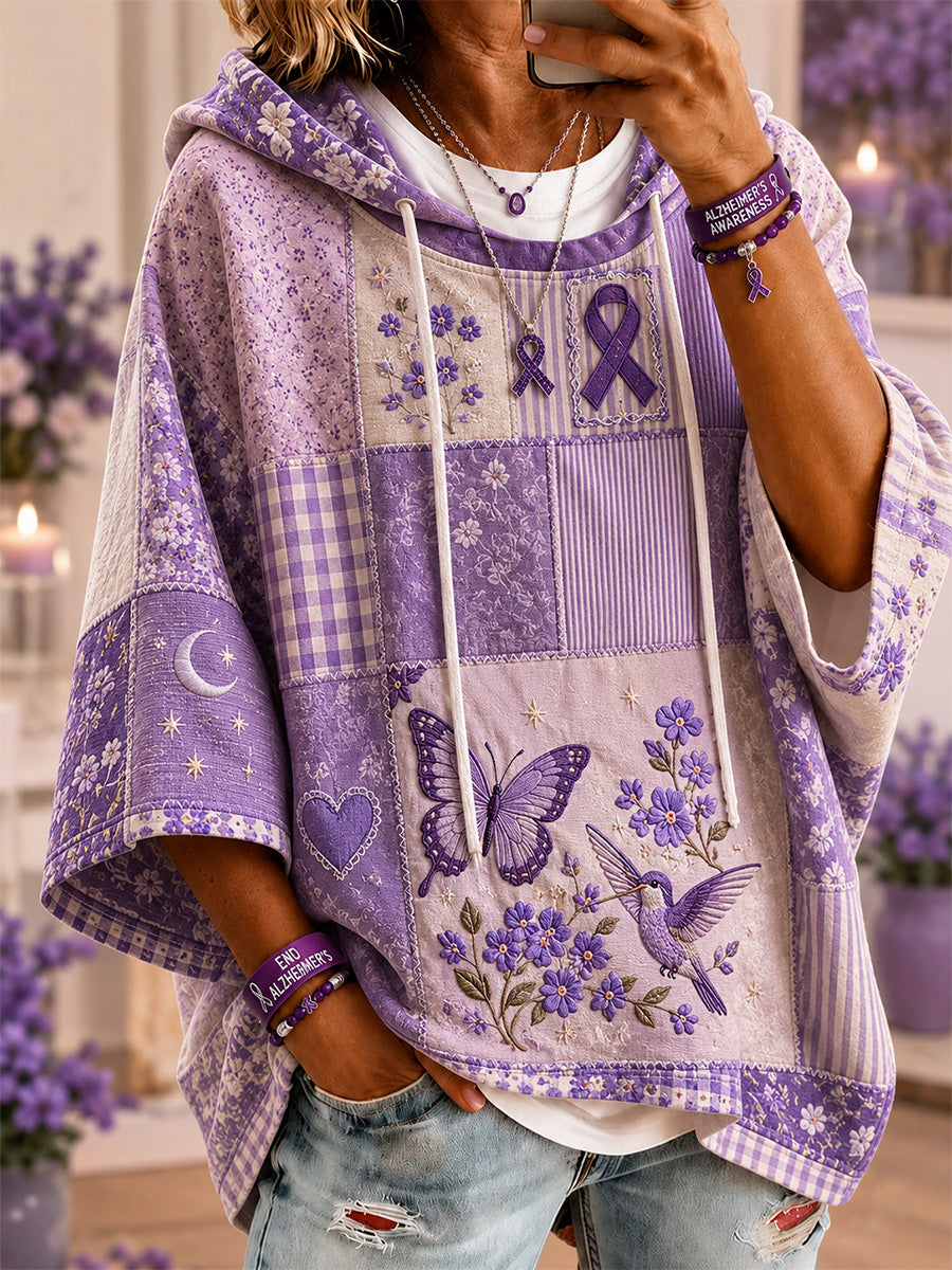Femmes Patchwork Violet Floral & Colibri & Papillon Imprimer Alzheimer Sensibilisation Soutien Casual À Manches Courtes Sweat À Capuche