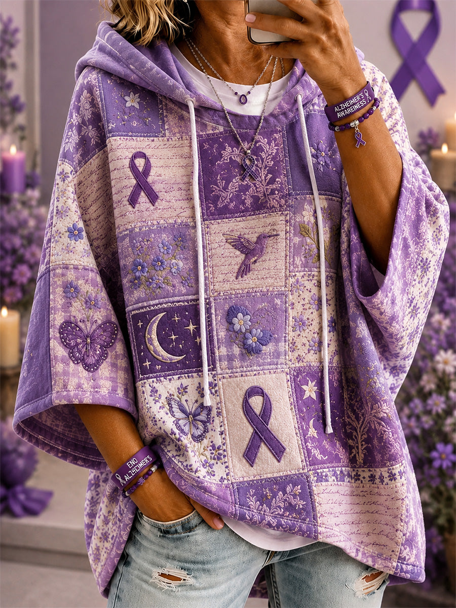 Sweat à capuche décontracté à manches courtes pour femmes, en patchwork, orné d’un imprimé floral violet, de colibris et de papillons, en soutien à la sensibilisation à la maladie d’Alzheimer