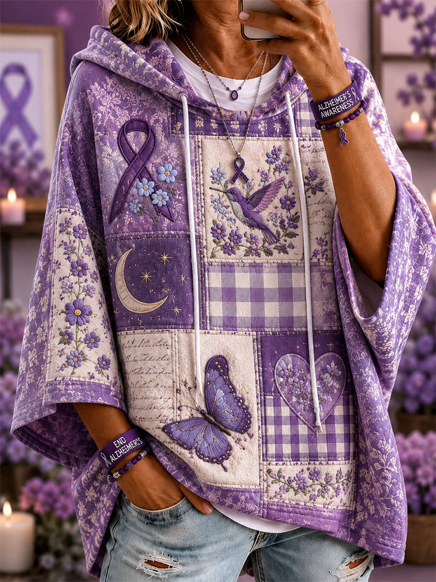 Sweat à capuche décontracté à manches courtes pour femmes, en patchwork, orné d’un imprimé floral violet, de colibris et de papillons, en soutien à la sensibilisation à la maladie d’Alzheimer
