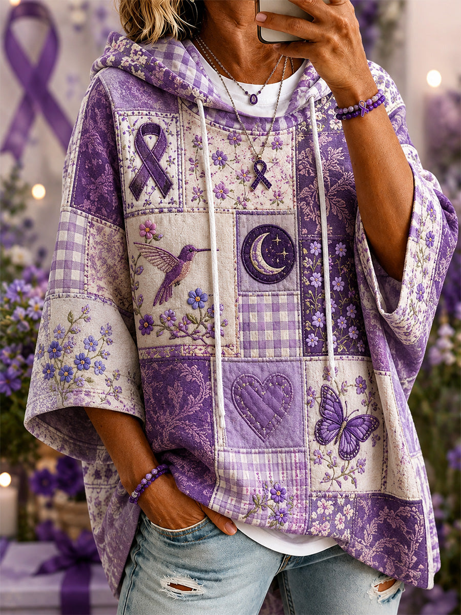 Sweat à capuche décontracté à manches courtes pour femmes, en patchwork, orné d’un imprimé floral violet, de colibris et de papillons, en soutien à la sensibilisation à la maladie d’Alzheimer