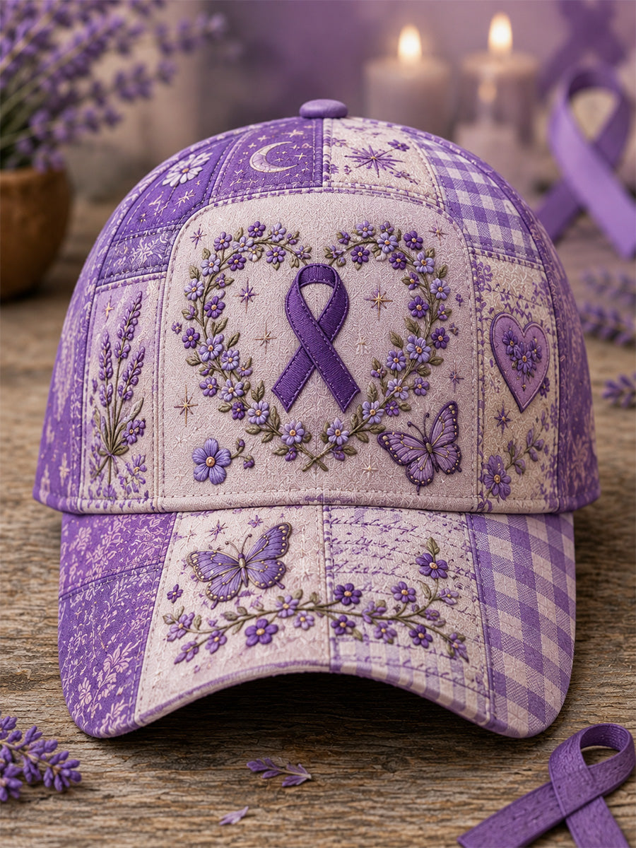 Unisexe Patchwork Violet Floral & Papillon Imprimer Alzheimer Sensibilisation Soutien Chapeau
