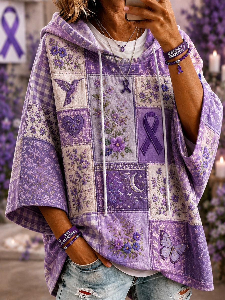 Sweat à capuche décontracté à manches courtes pour femmes, en patchwork, orné d’un imprimé floral violet, de colibris et de papillons, en soutien à la sensibilisation à la maladie d’Alzheimer
