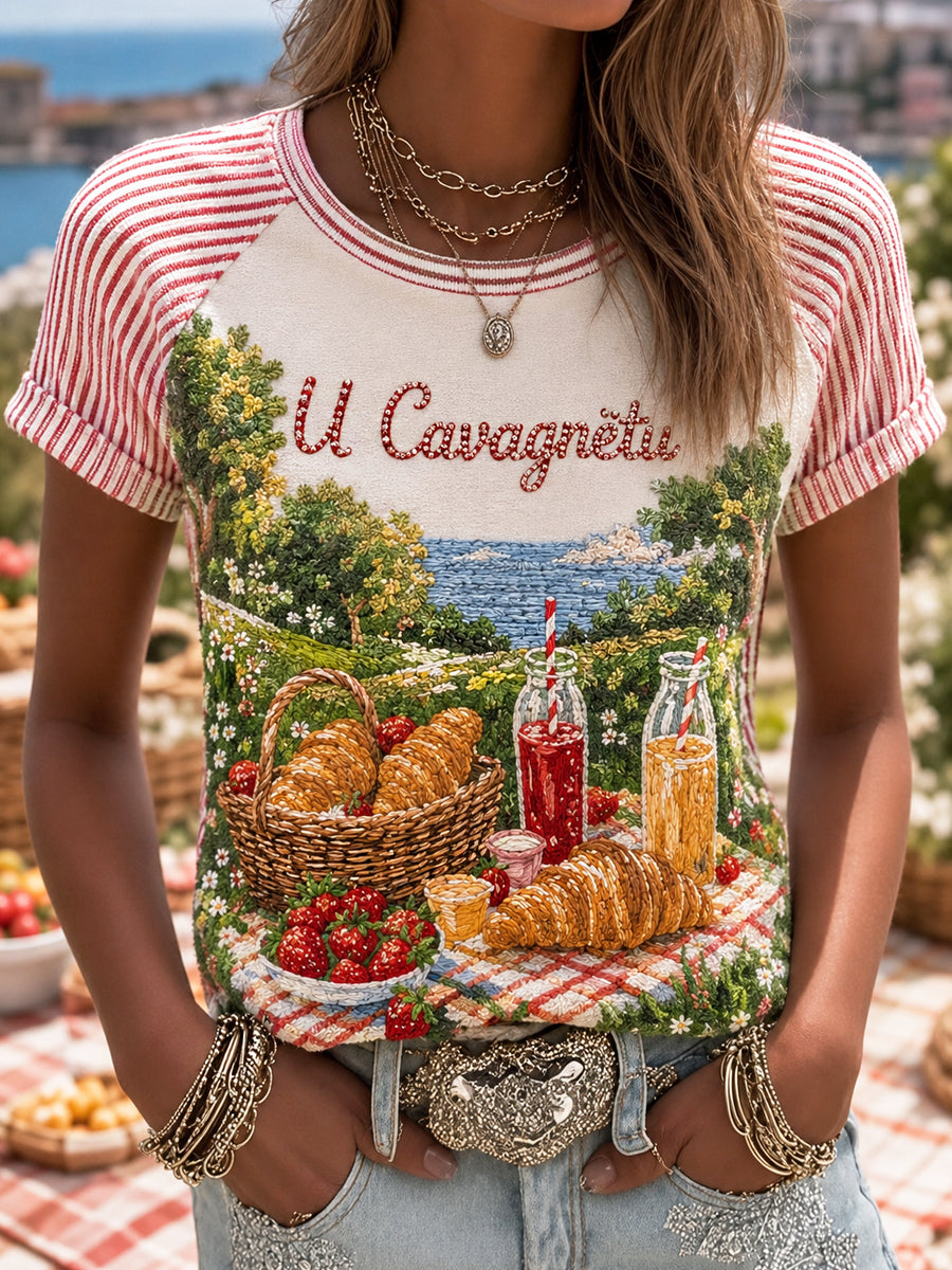 T-shirt femme Cavagnëtu à imprimé vintage, mode ample à manches courtes