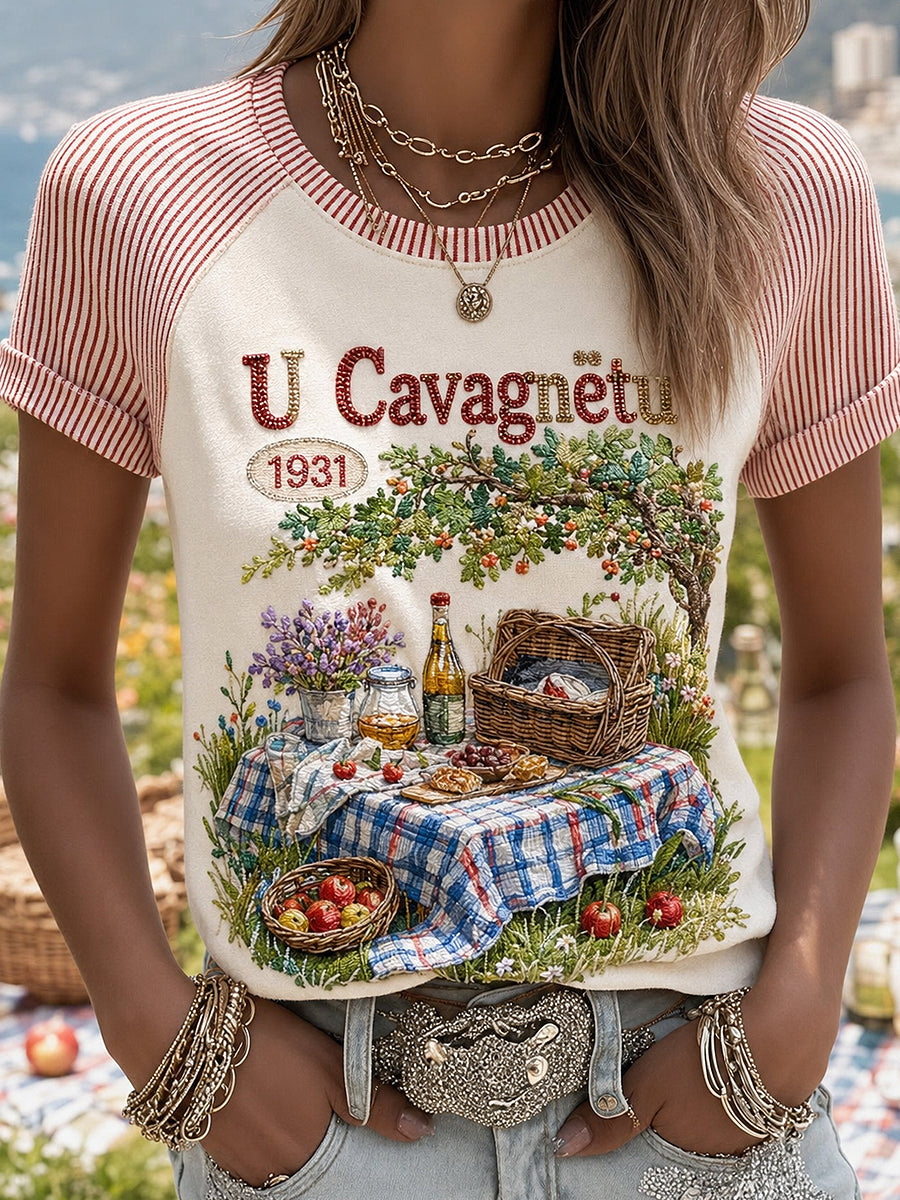 T-shirt femme Cavagnëtu à imprimé vintage, mode ample à manches courtes