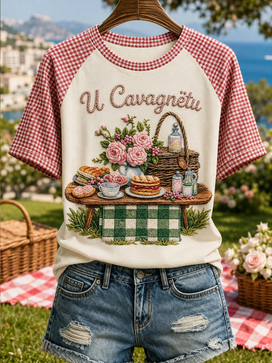 T-shirt femme Cavagnëtu à imprimé vintage, mode ample à manches courtes