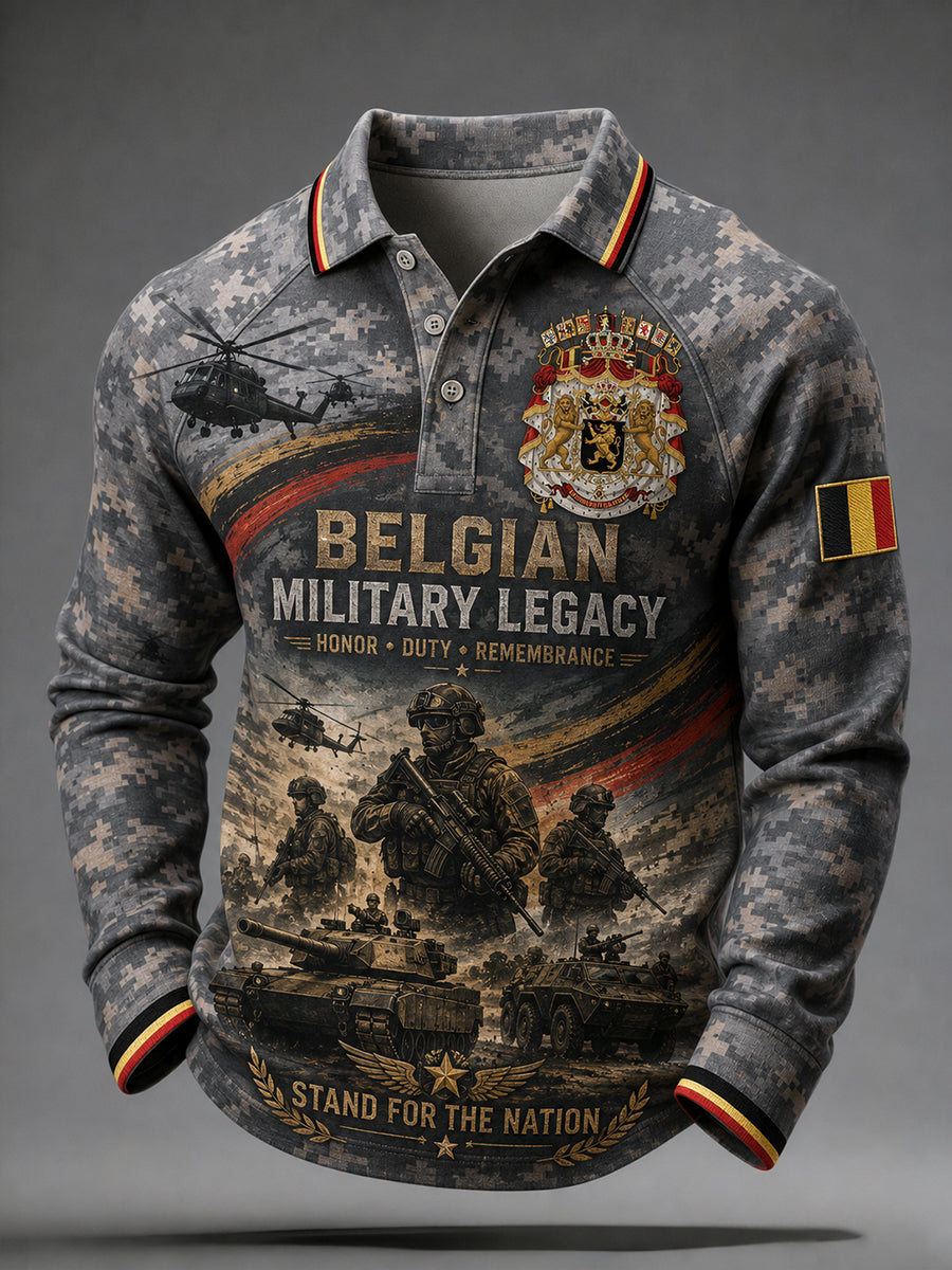 Polo homme à manches raglan et manches longues, orné d’un imprimé camouflage de style militaire