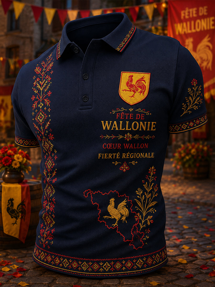 Polo à manches courtes pour homme, orné d’un imprimé inspiré du festival folklorique wallon