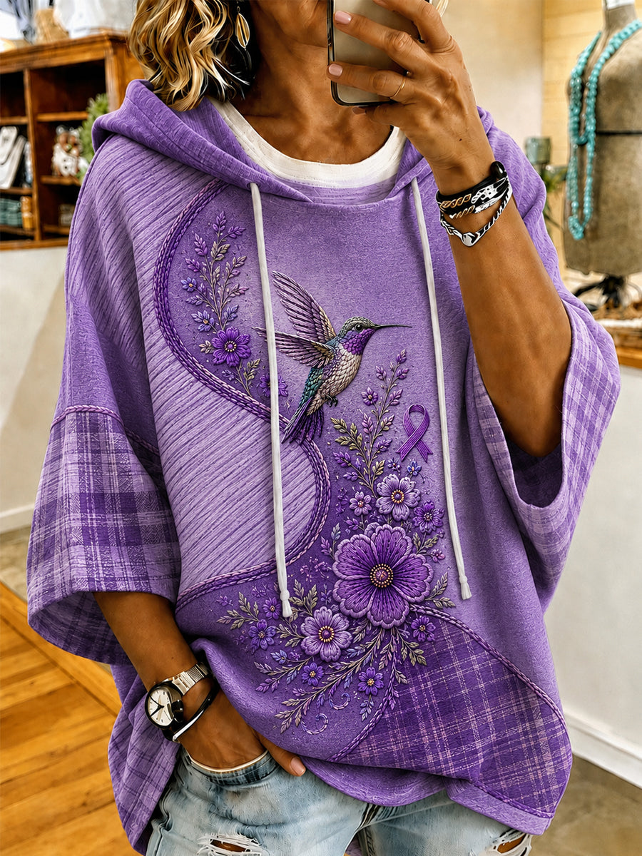 Sweat à capuche à manches courtes pour femmes violet imprimé floral et colibri Alzheimer Awareness Support