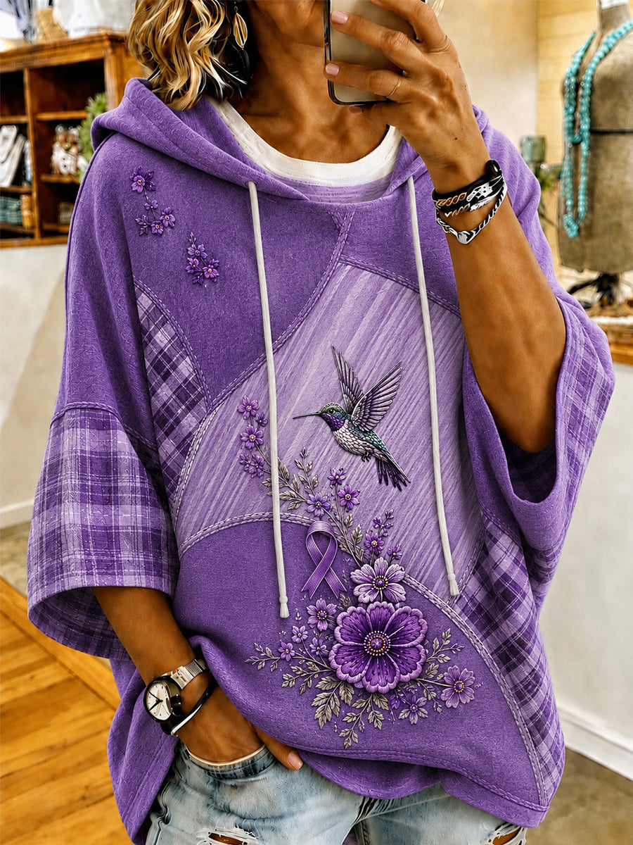 Sweat à capuche manches courtes pour femmes, imprimé floral violet et colibris, en soutien à la sensibilisation à la maladie d’Alzheimer