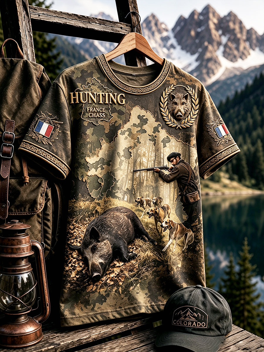 T-shirt décontracté pour homme, style vintage, motif camouflage de la saison de chasse au sanglier en France