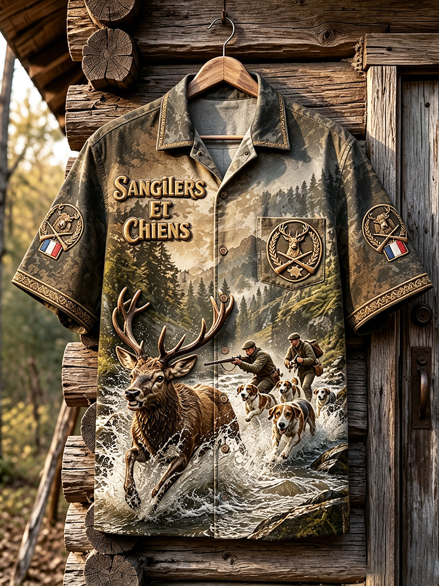 Chemise décontractée à manches courtes pour homme, imprimé vintage de la saison de chasse française