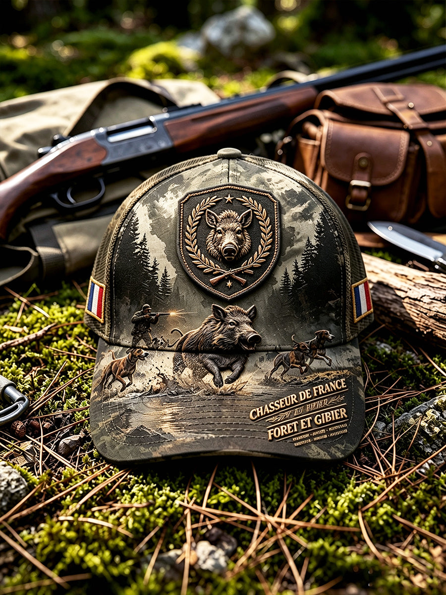 Chapeau décontracté rétro à motif de chasse au sanglier, style français