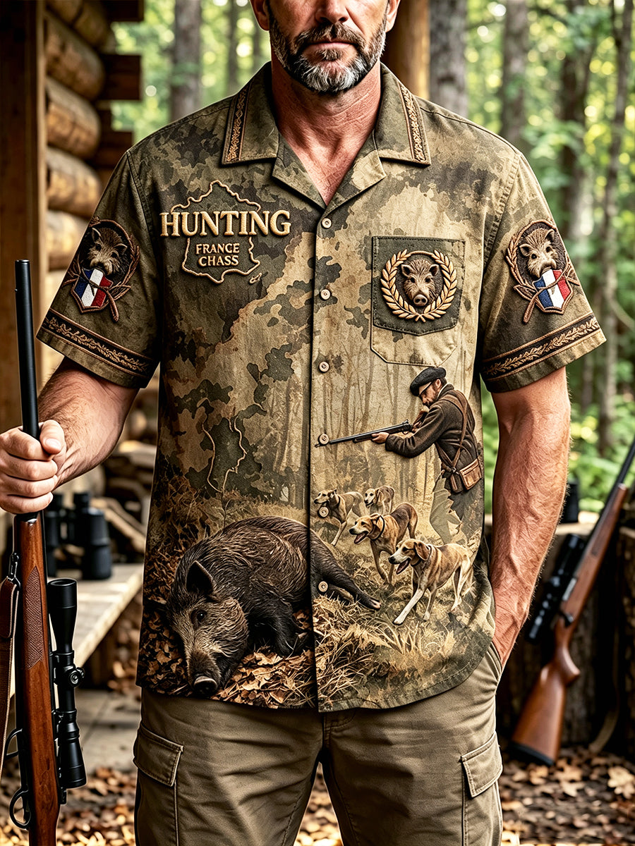 Chemise décontractée à manches courtes pour homme, motif chasse à la française