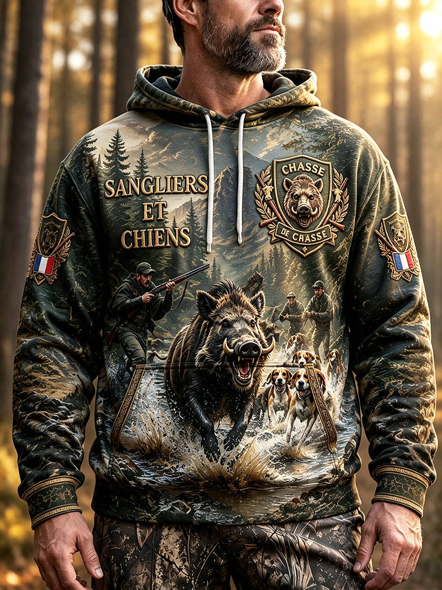 Sweat-shirt à capuche décontracté pour homme, motif saison de chasse au sanglier en France