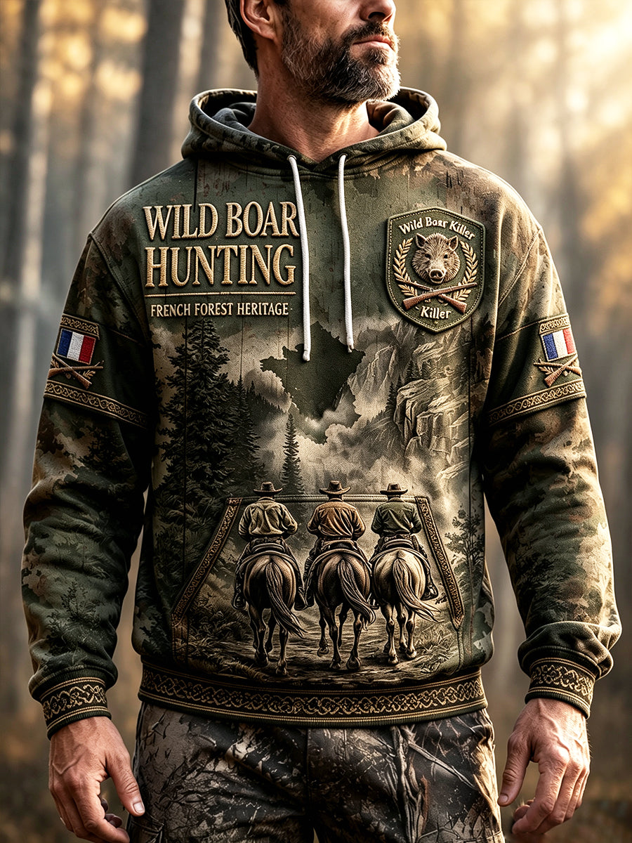 Sweat à capuche décontracté pour homme, motif chasse à la française