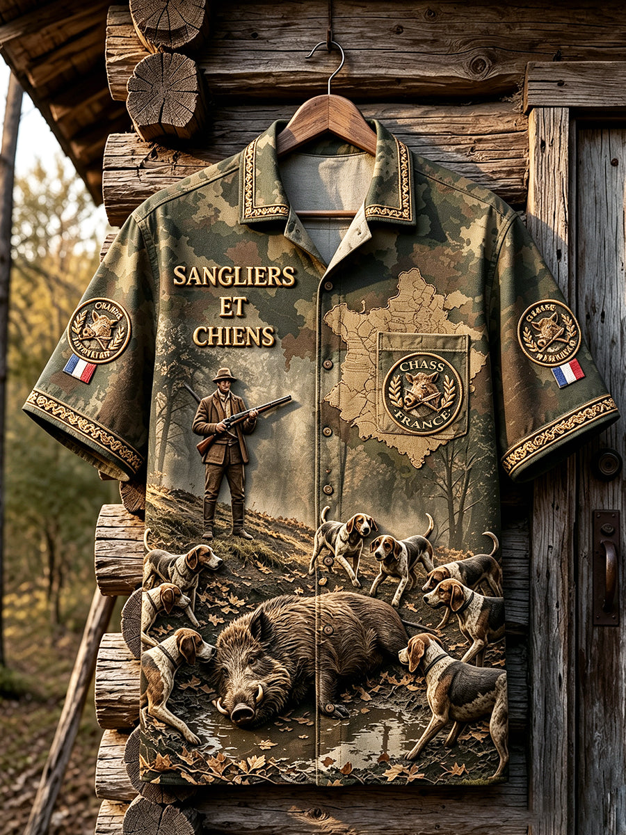 Chemise décontractée à manches courtes pour homme, imprimé camouflage sanglier, saison de chasse française