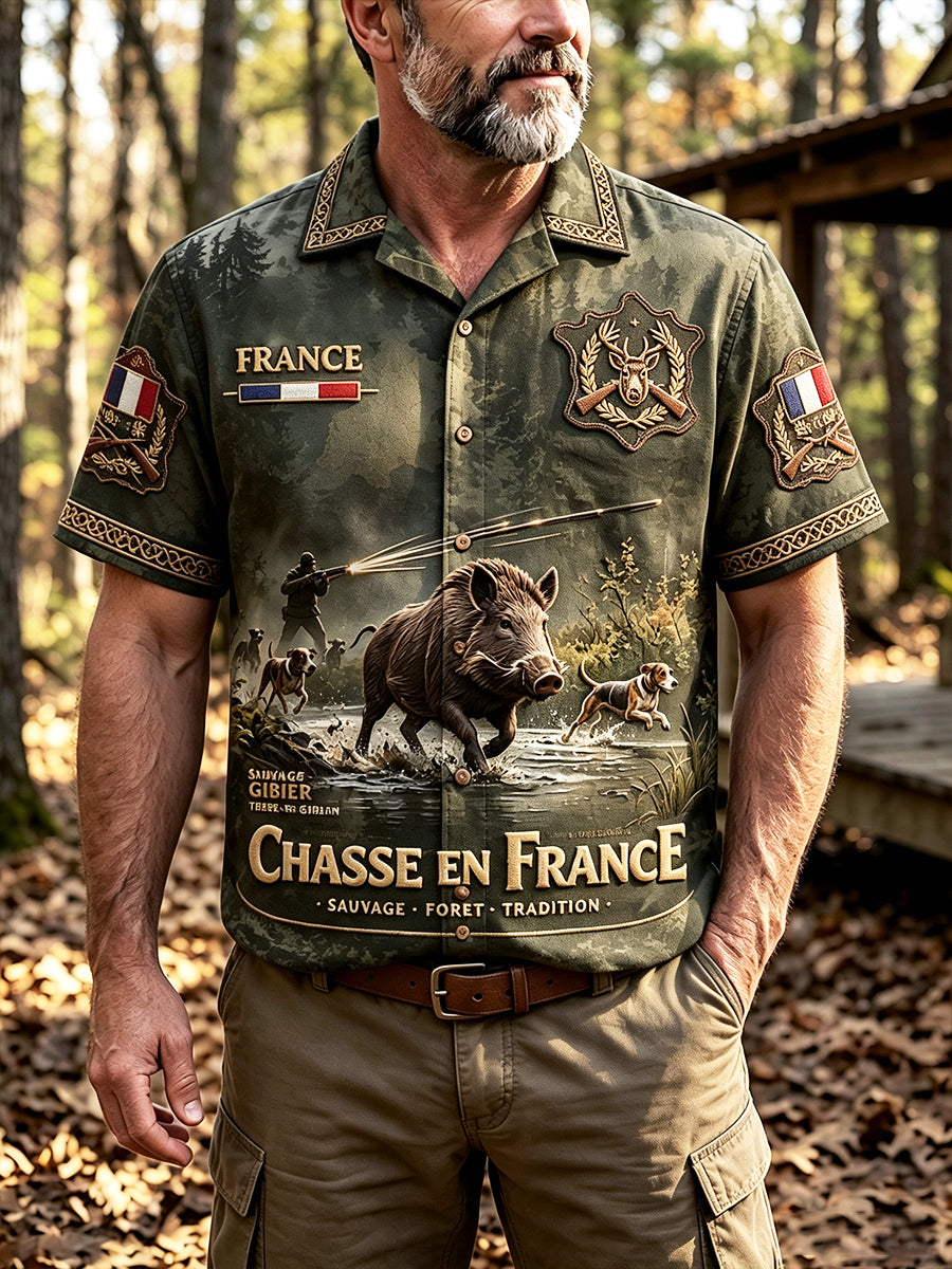 Chemise décontractée à manches courtes pour homme, motif sanglier, saison de la chasse en France