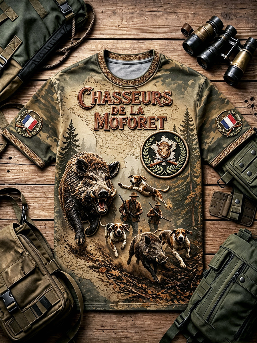 T-shirt décontracté pour homme, imprimé 3D, style vintage français, saison de chasse au sanglier