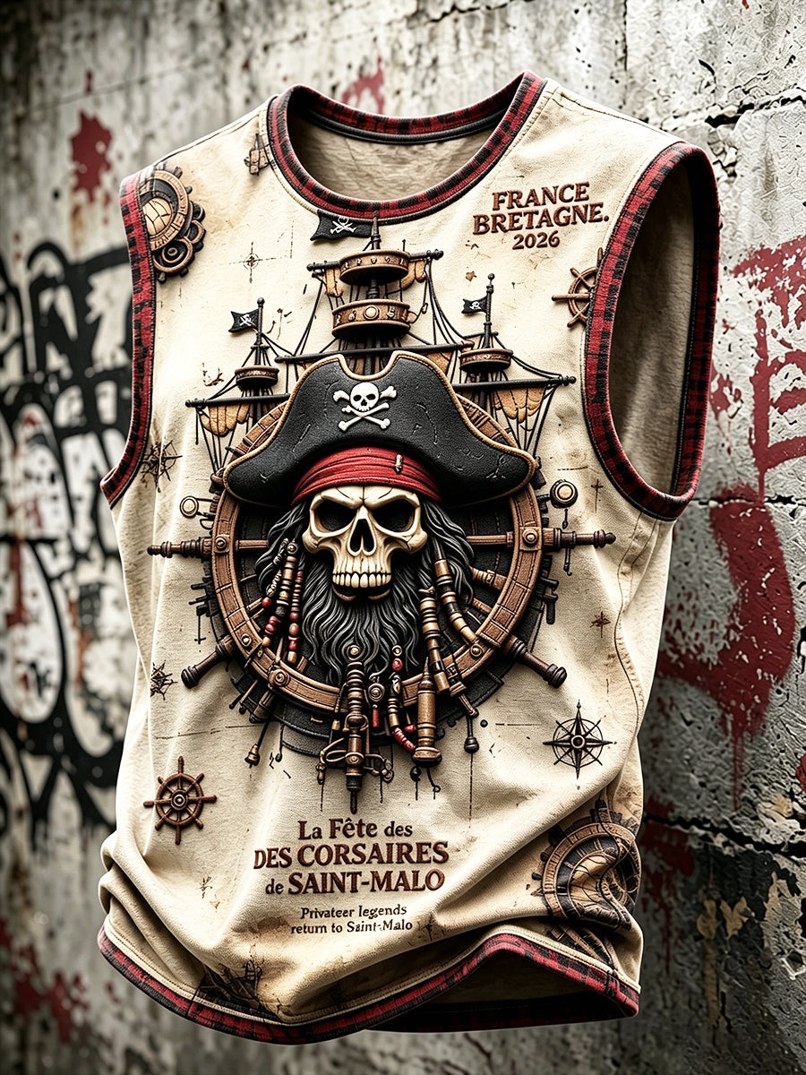 Gilet vintage pour homme, blanc cassé, imprimé festival pirate de Saint-Malo, Bretagne française