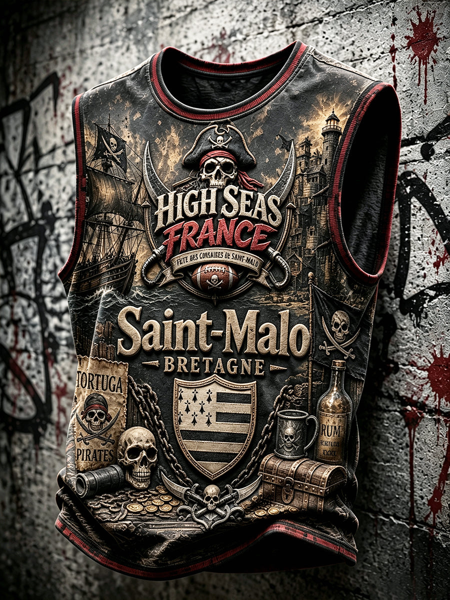 Gilet ample vintage pour homme, imprimé Fête des de Saint-Malo, Bretagne, France