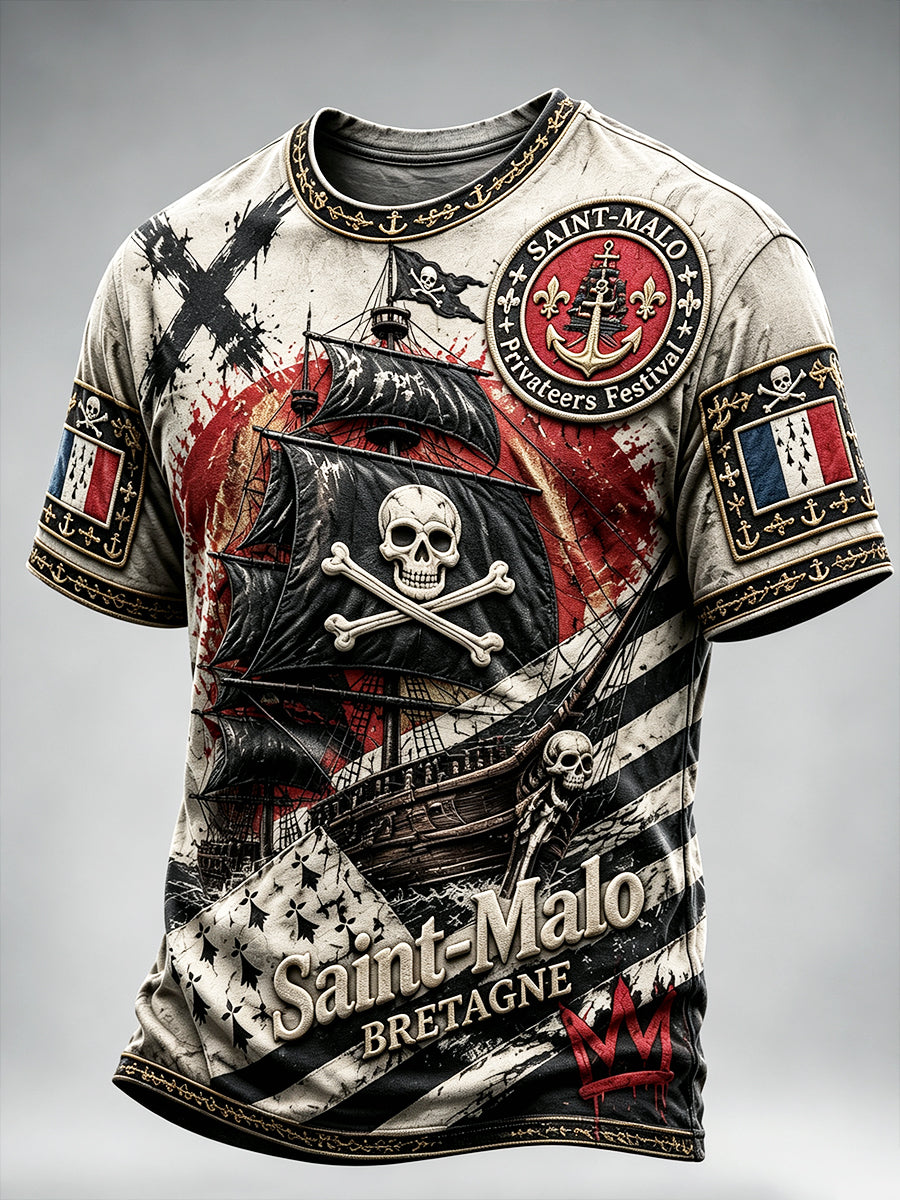 T-shirt rétro à imprimé graffiti pour hommes, festival pirate de Saint-Malo, Bretagne, France