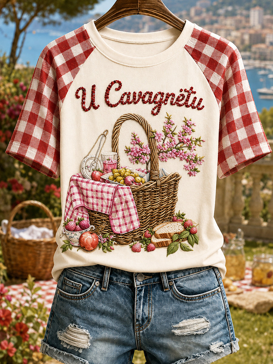T-shirt femme Cavagnëtu à imprimé vintage, mode ample à manches courtes