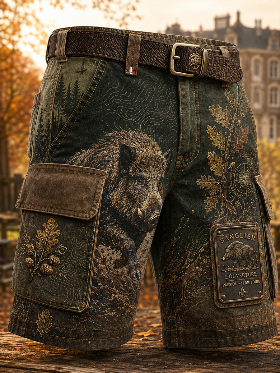 Short décontracté avec impression artistique sur la saison de chasse française pour hommes