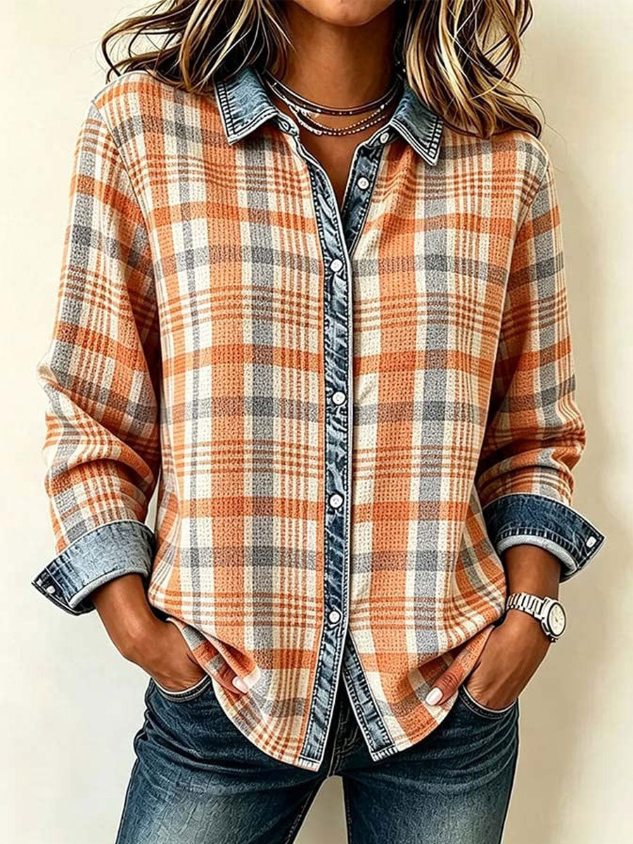 Chemise Femme Automne Panneau En Denim Imprimé À Carreaux
