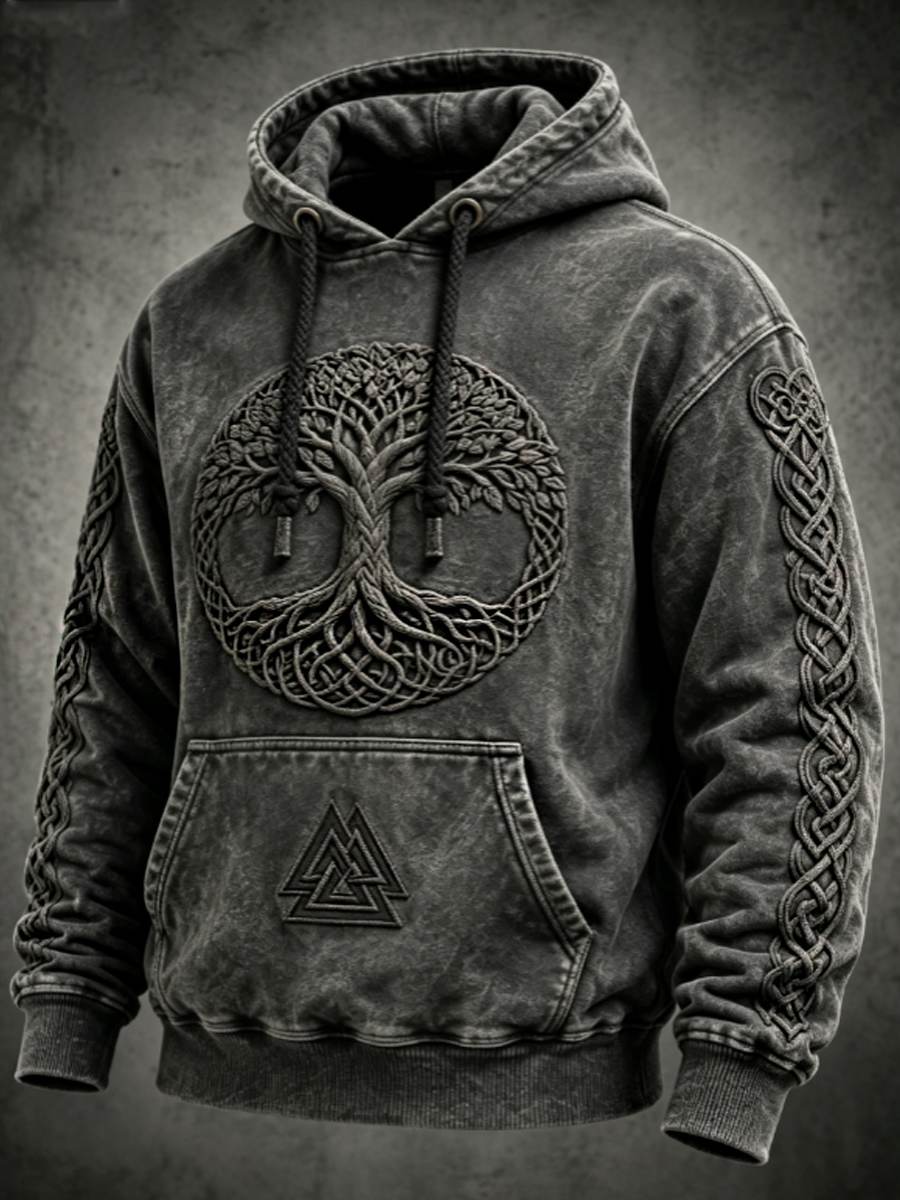 Sweat à capuche surdimensionné à épaules tombantes pour homme, style rétro viking, motif Valknut et arbre de vie