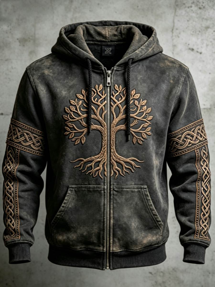 Hommes Retro Viking Valknut Tree Life Color Block Design Art Zip-Up Hoodie