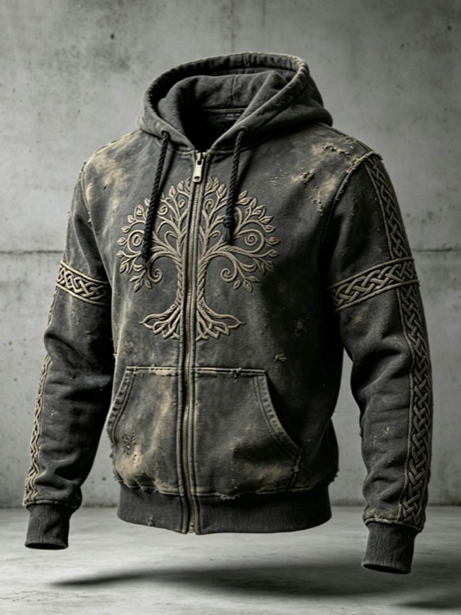 Sweat à capuche zippé pour homme, style rétro viking, motif Valknut et arbre de vie, design en blocs de couleur artistiques