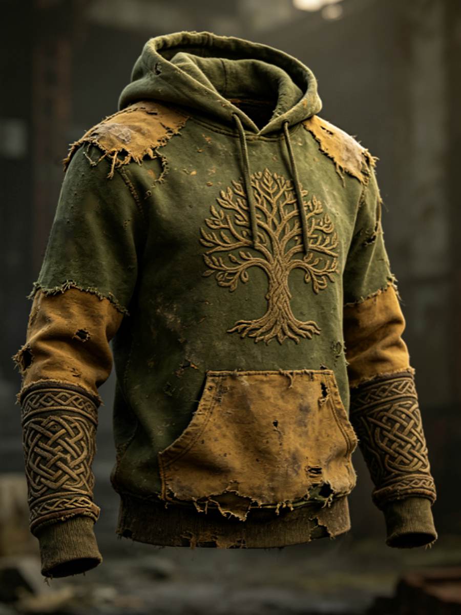Sweat à capuche surdimensionné à épaules tombantes pour homme, style rétro viking, motif Valknut et arbre de vie